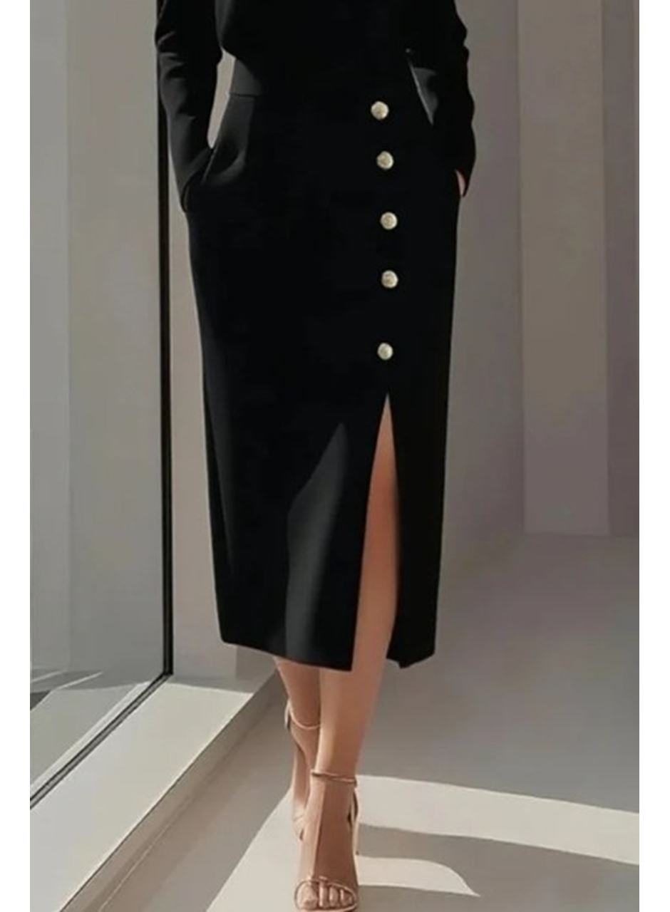 Kadın Uzun Kollu Bisiklet Yakalı Yandan Yırtmaçlı Düğmeli Midi Ithal Krep Elbise