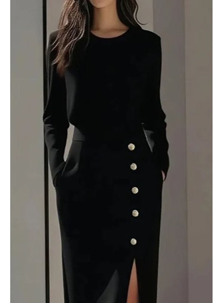 Kadın Uzun Kollu Bisiklet Yakalı Yandan Yırtmaçlı Düğmeli Midi Ithal Krep Elbise