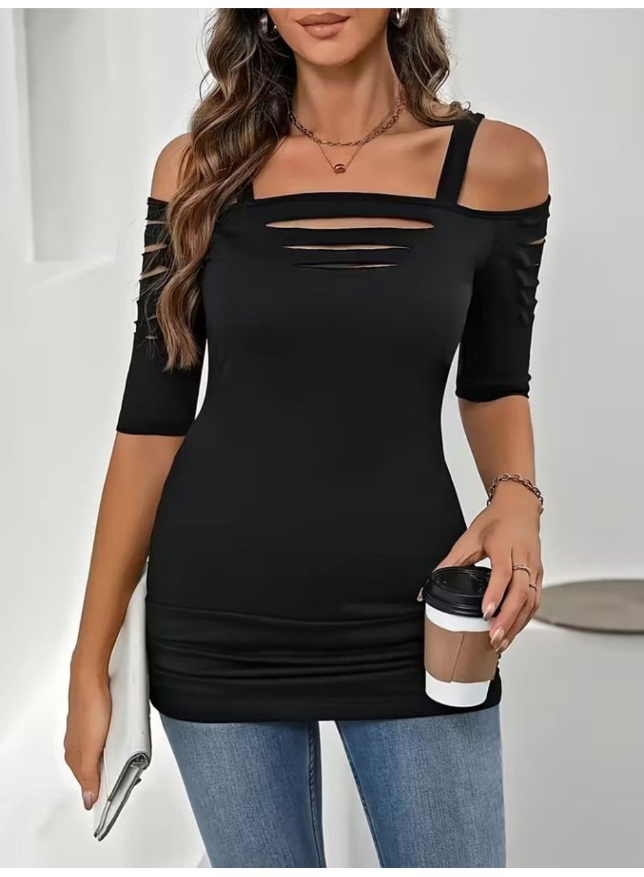 Kadın Omuzlardan Açık Askılı Lazer Kesim Detaylı Viskon Bluz