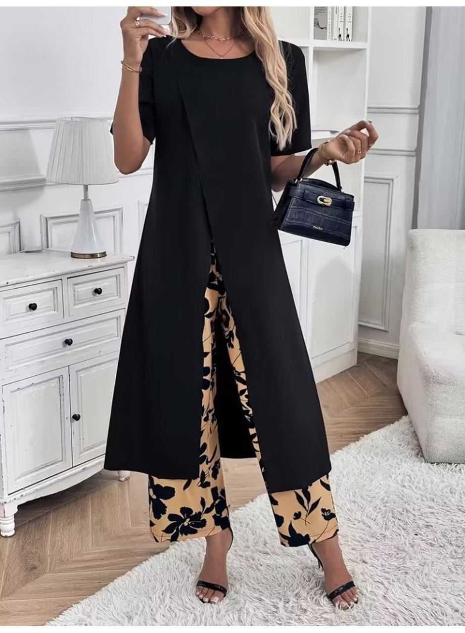 Kadın Kısa Kollu önden çapraz Detaylı Viskon Uzun Bluz Ve Desenli Iki Iplik Pantolon Ikili Takım