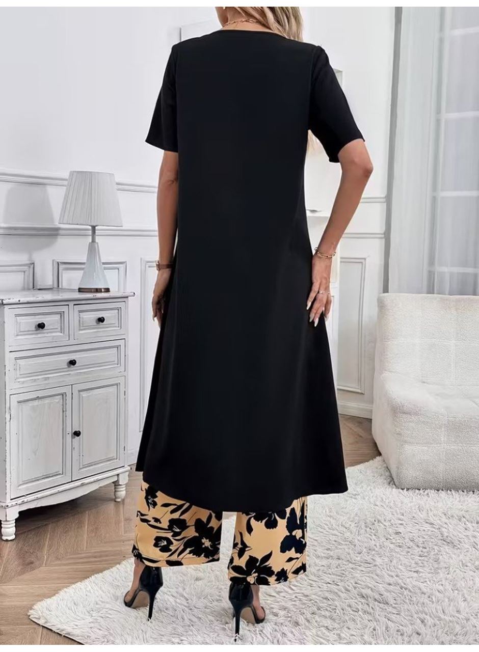 Kadın Kısa Kollu önden çapraz Detaylı Viskon Uzun Bluz Ve Desenli Iki Iplik Pantolon Ikili Takım