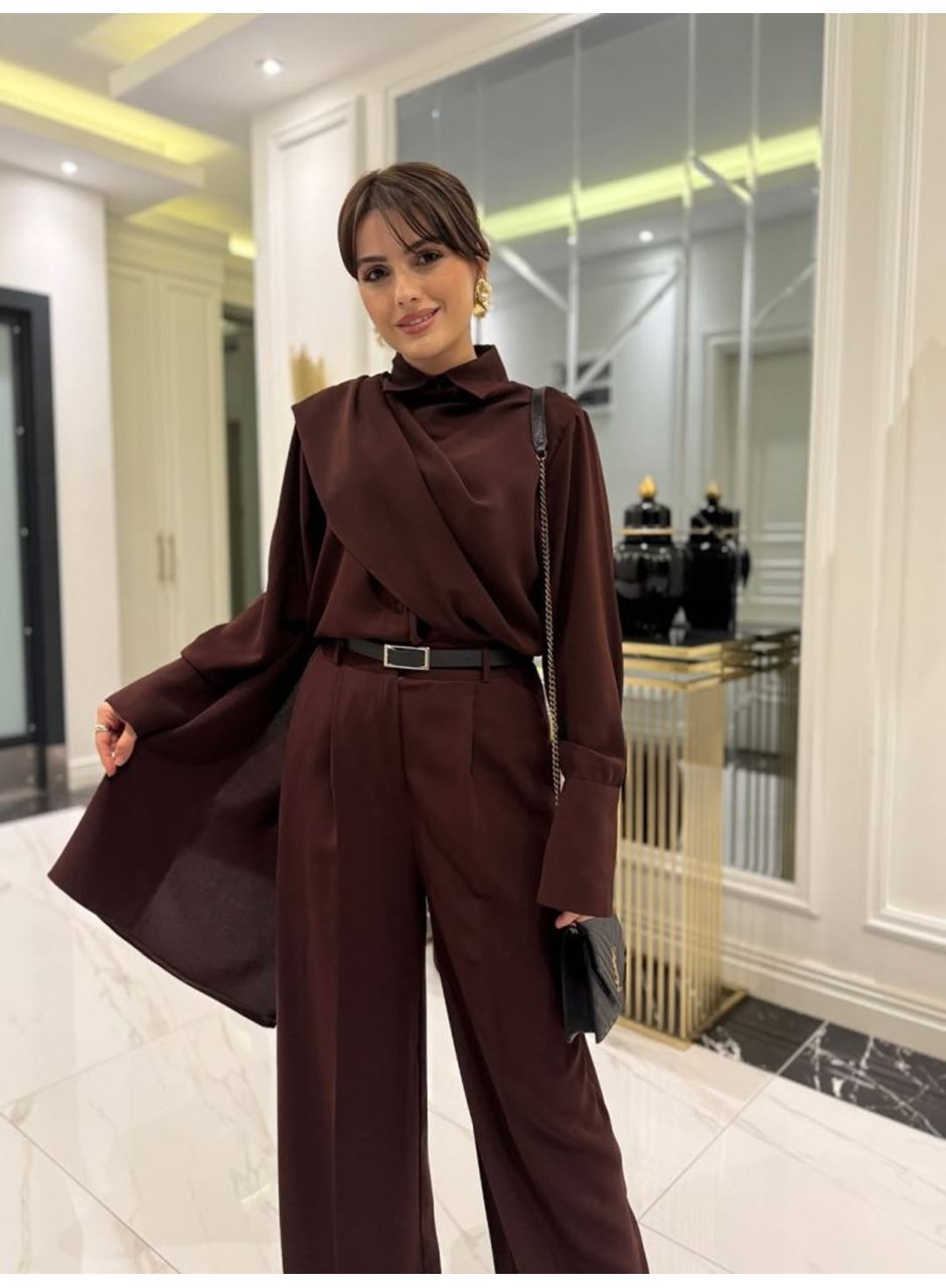Kadın Uzun Kollu şal Detaylı Bluz Ve Pantolon Ikili Takım