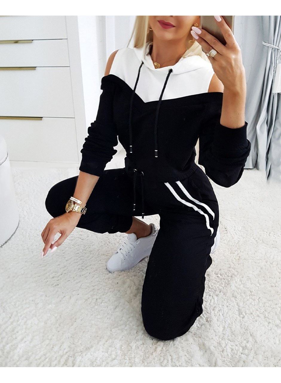 Kadın Uzun Kollu Omuzlardan Açık Kapşonlu Bağcıklı çift Renkli Viskon Iki Iplik Bluz Ve Pantolon Ikili Takım