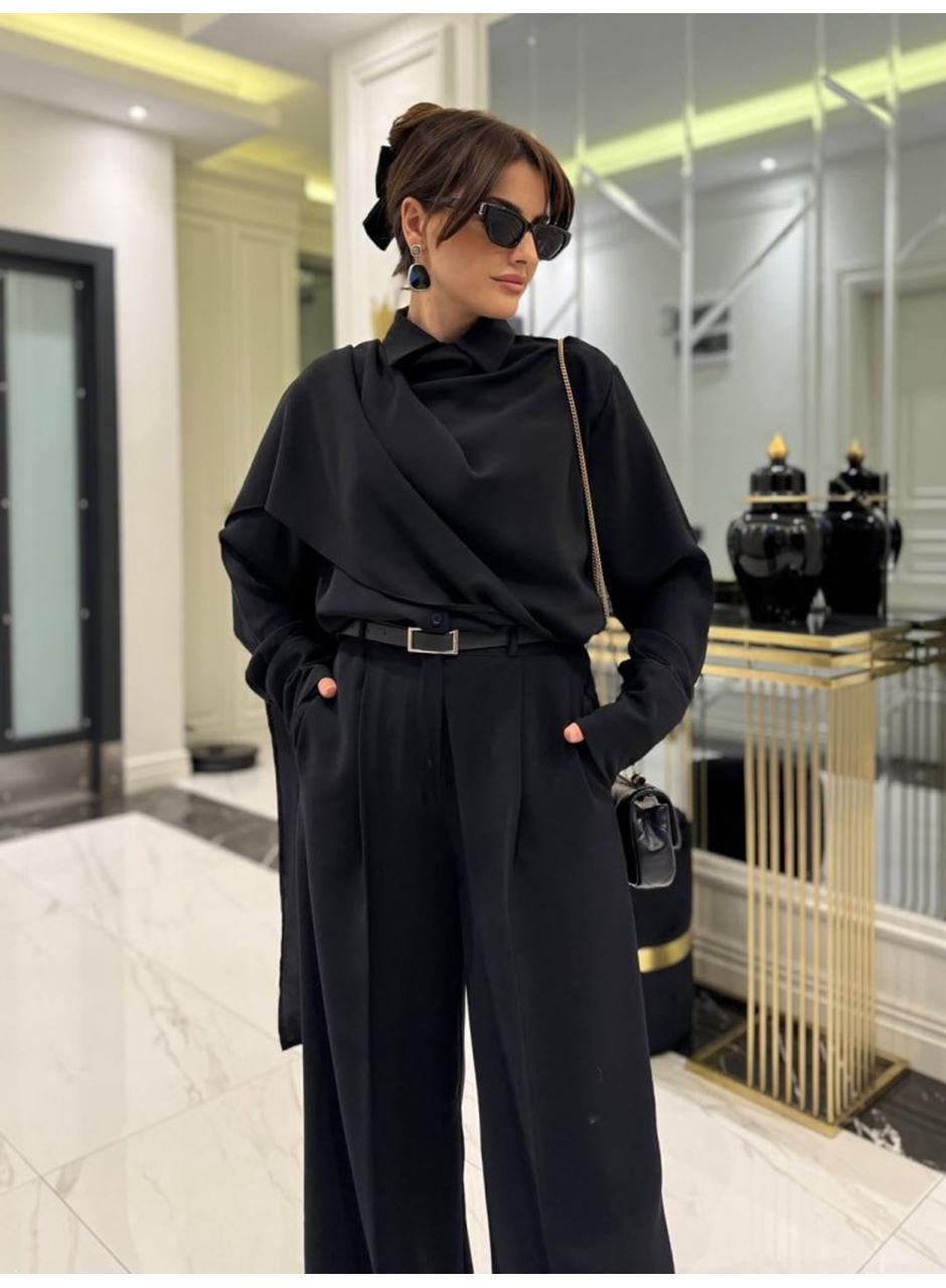 Kadın Uzun Kollu şal Detaylı Bluz Ve Pantolon Ikili Takım