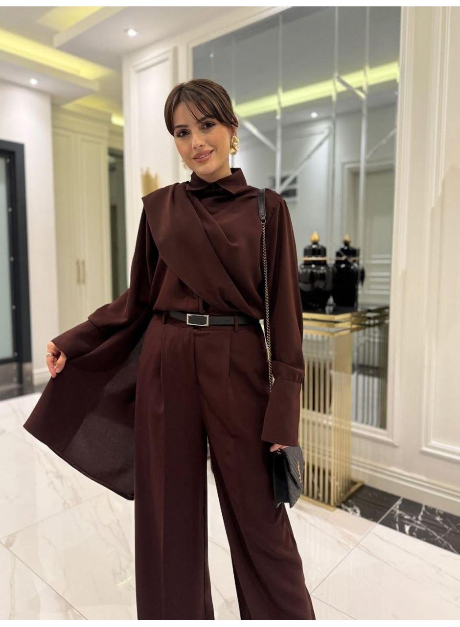 Kadın Uzun Kollu şal Detaylı Bluz Ve Pantolon Ikili Takım