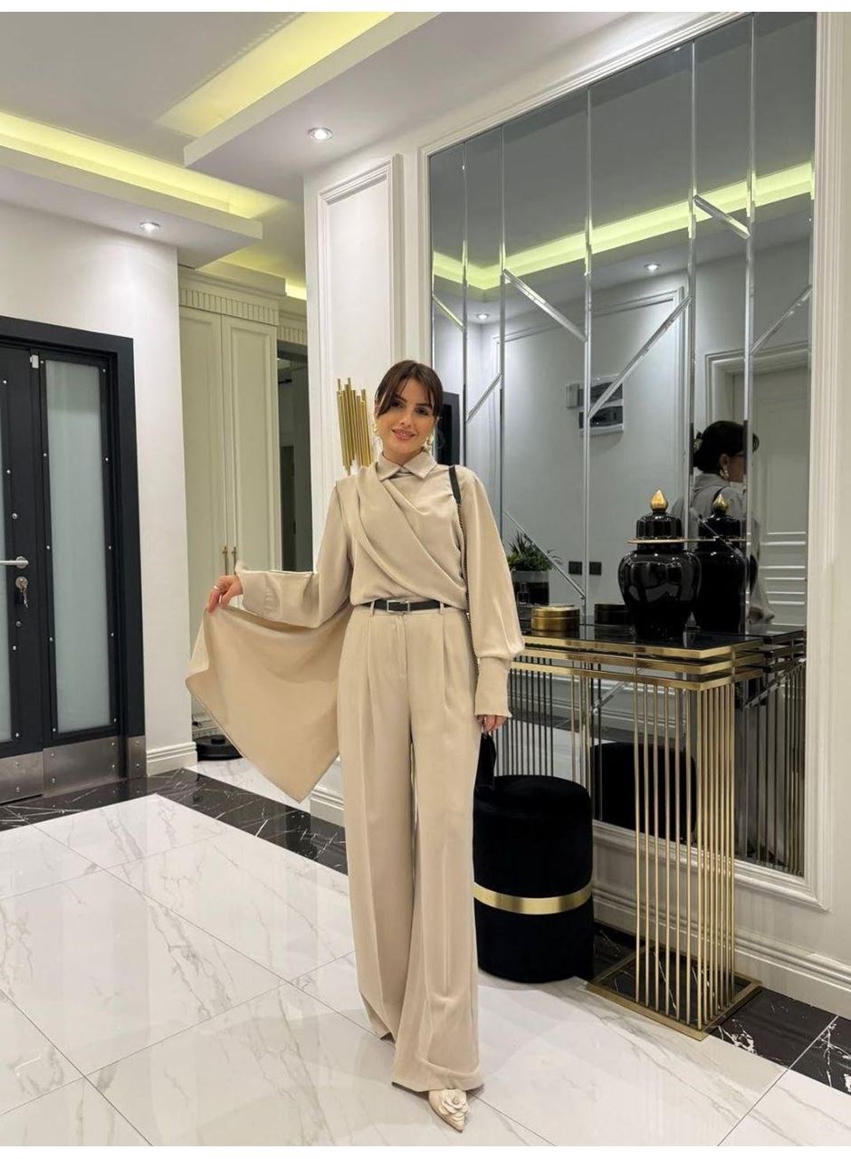 Kadın Uzun Kollu şal Detaylı Bluz Ve Pantolon Ikili Takım