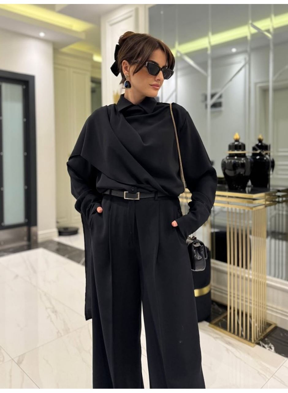 Kadın Uzun Kollu şal Detaylı Bluz Ve Pantolon Ikili Takım