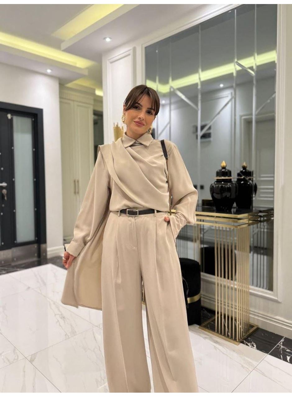 Kadın Uzun Kollu şal Detaylı Bluz Ve Pantolon Ikili Takım