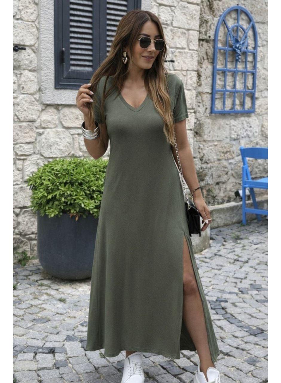 Kadın Kısa Kollu V Yakalı Maksi Boy Viskon Elbise