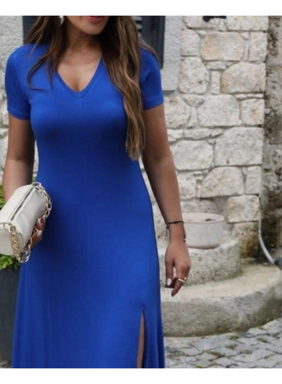 Kadın Kısa Kollu V Yakalı Maksi Boy Viskon Elbise