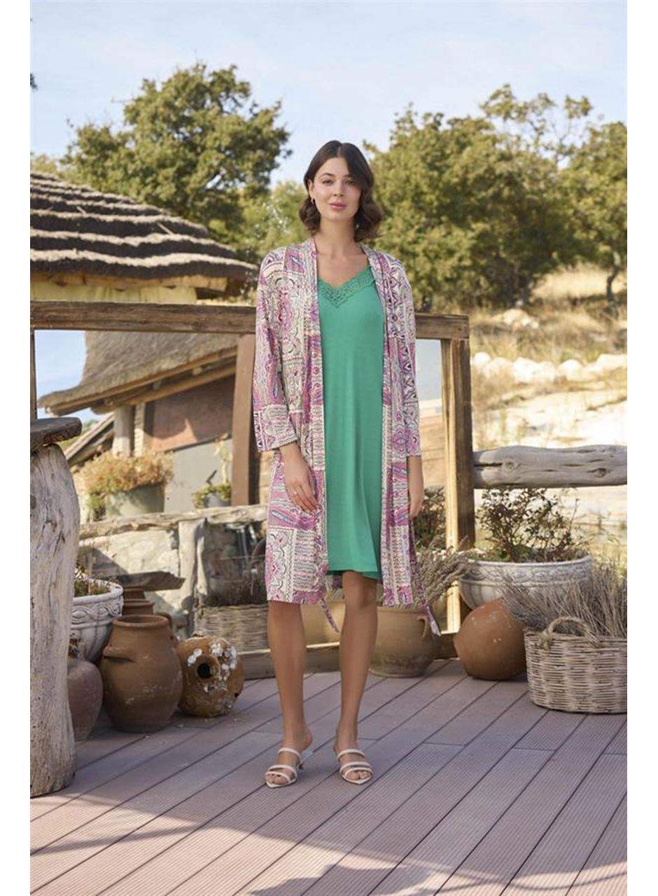Etnik Deseni ve Dantelli Sabahlık Takımı