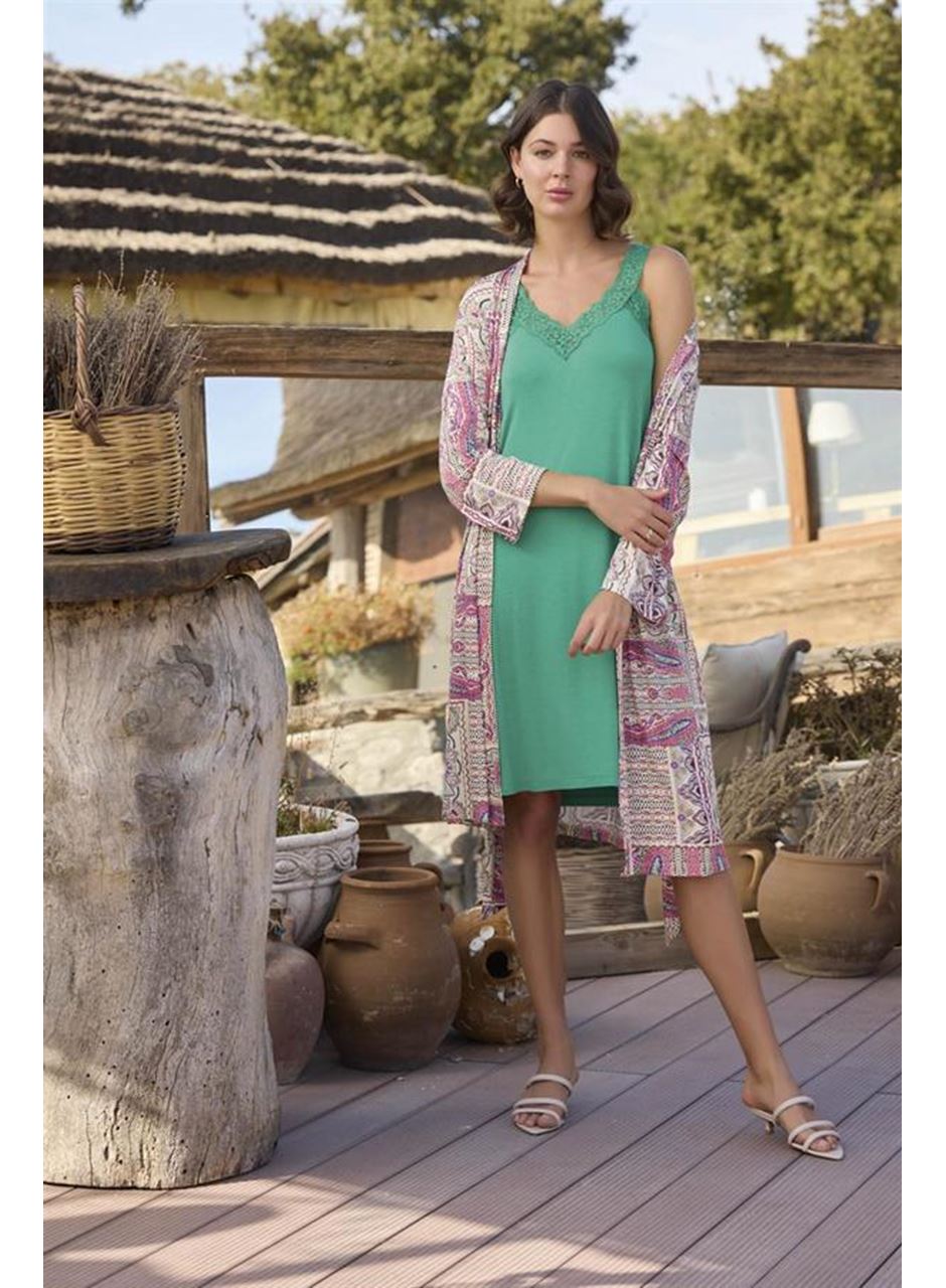 Etnik Deseni ve Dantelli Sabahlık Takımı