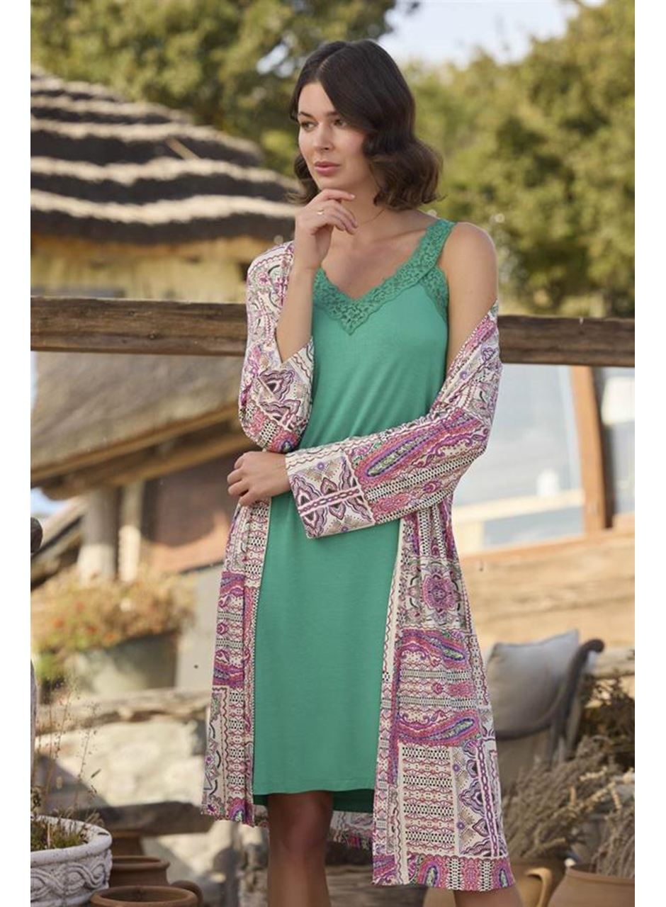 Etnik Deseni ve Dantelli Sabahlık Takımı