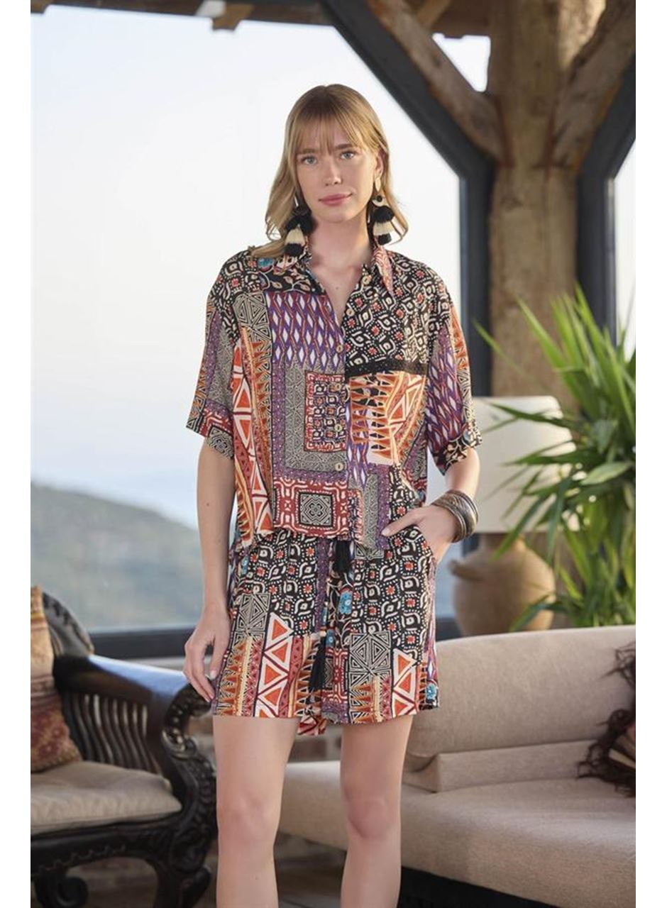 Etnik Desenli Önü Düğmeli Alt Üst Takım