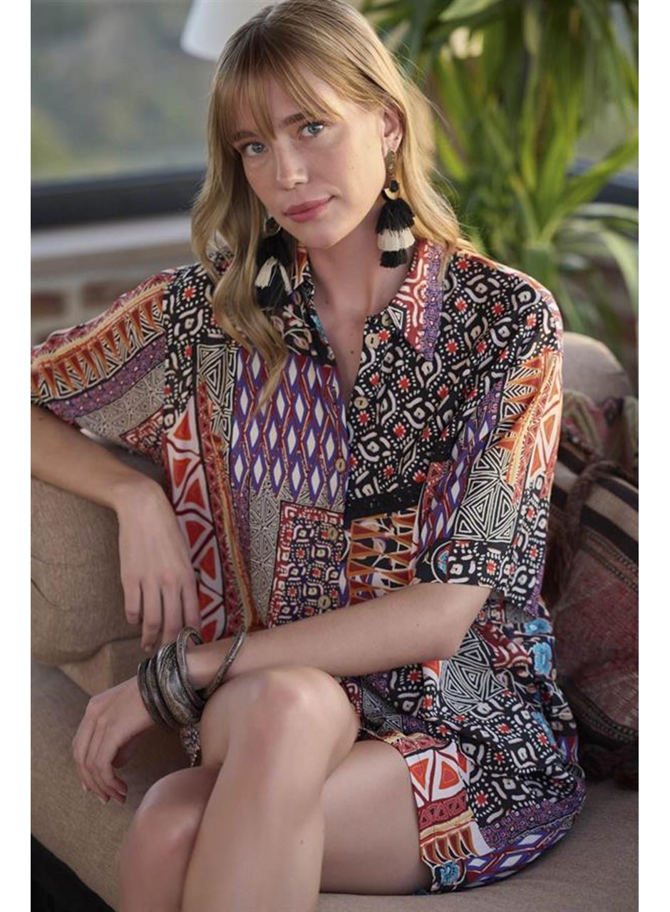 Etnik Desenli Önü Düğmeli Alt Üst Takım