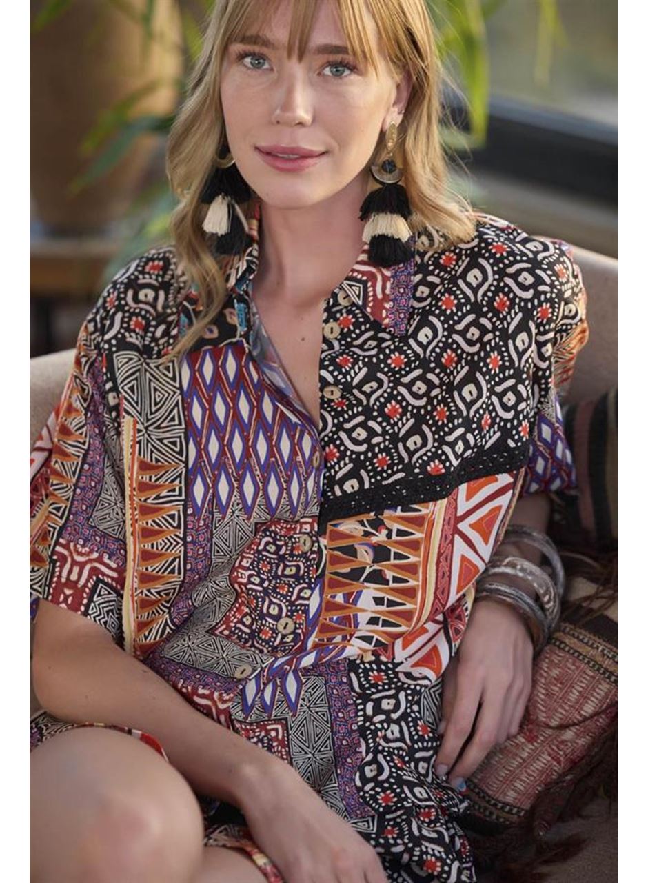 Etnik Desenli Önü Düğmeli Alt Üst Takım