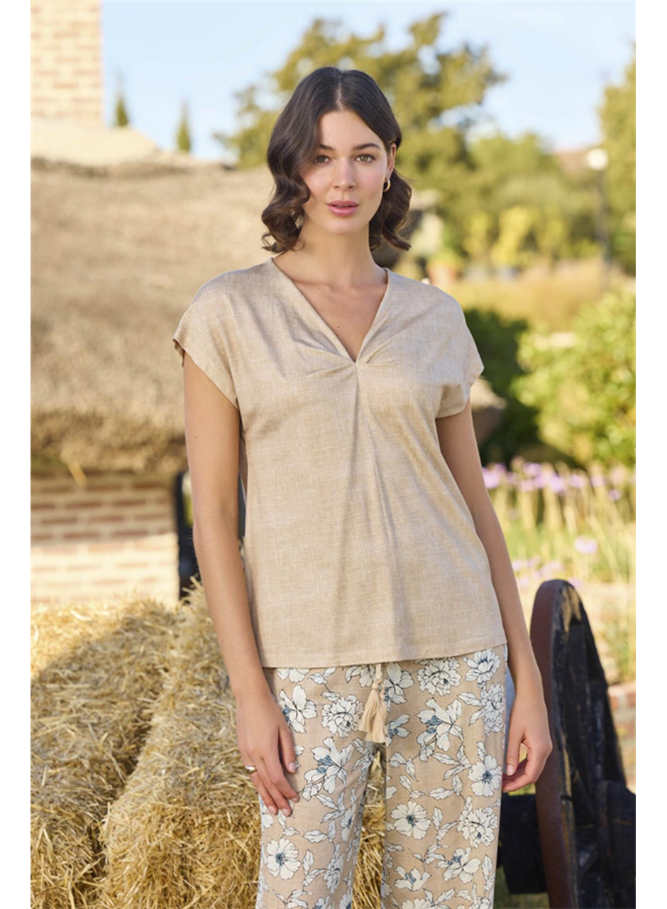 Çiçek Deseni V Yaka Pijama Takımı