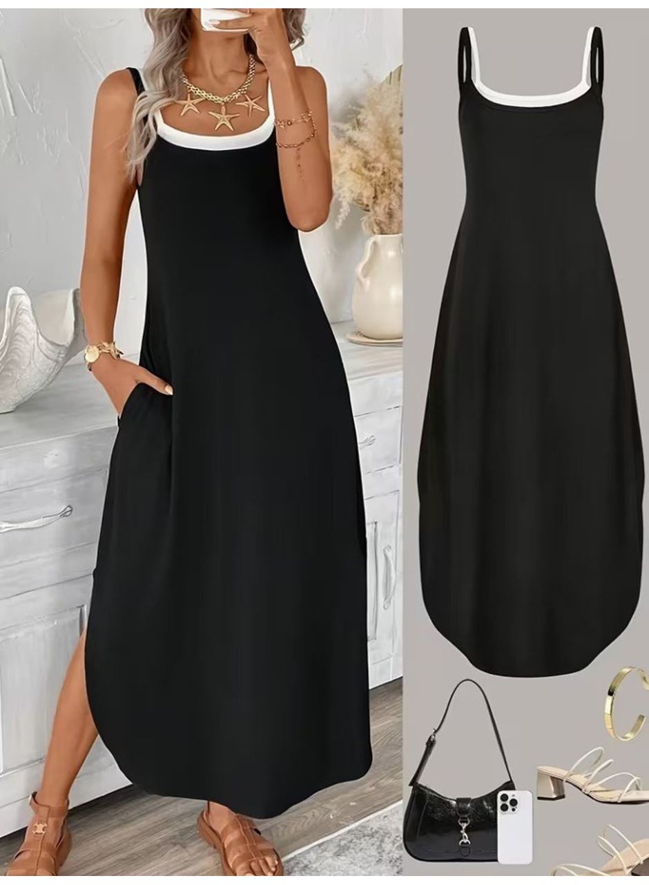 Kadın Ip Askılı Yuvarlak Yakalı Cepli Uzun Viskon Elbise