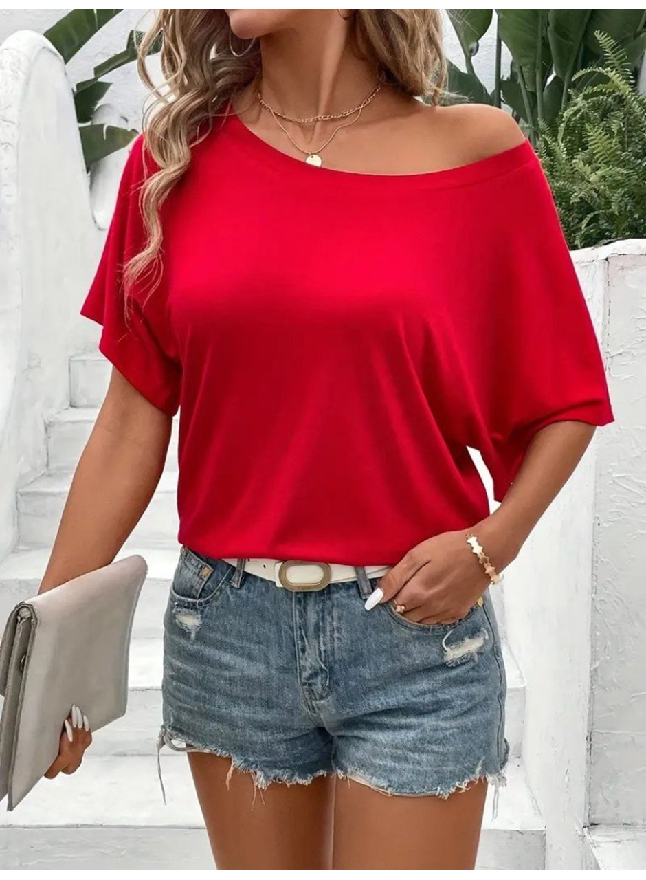 Kadın Tek Omuzu Açık Kısa Kollu Salaş Viskon Bluz