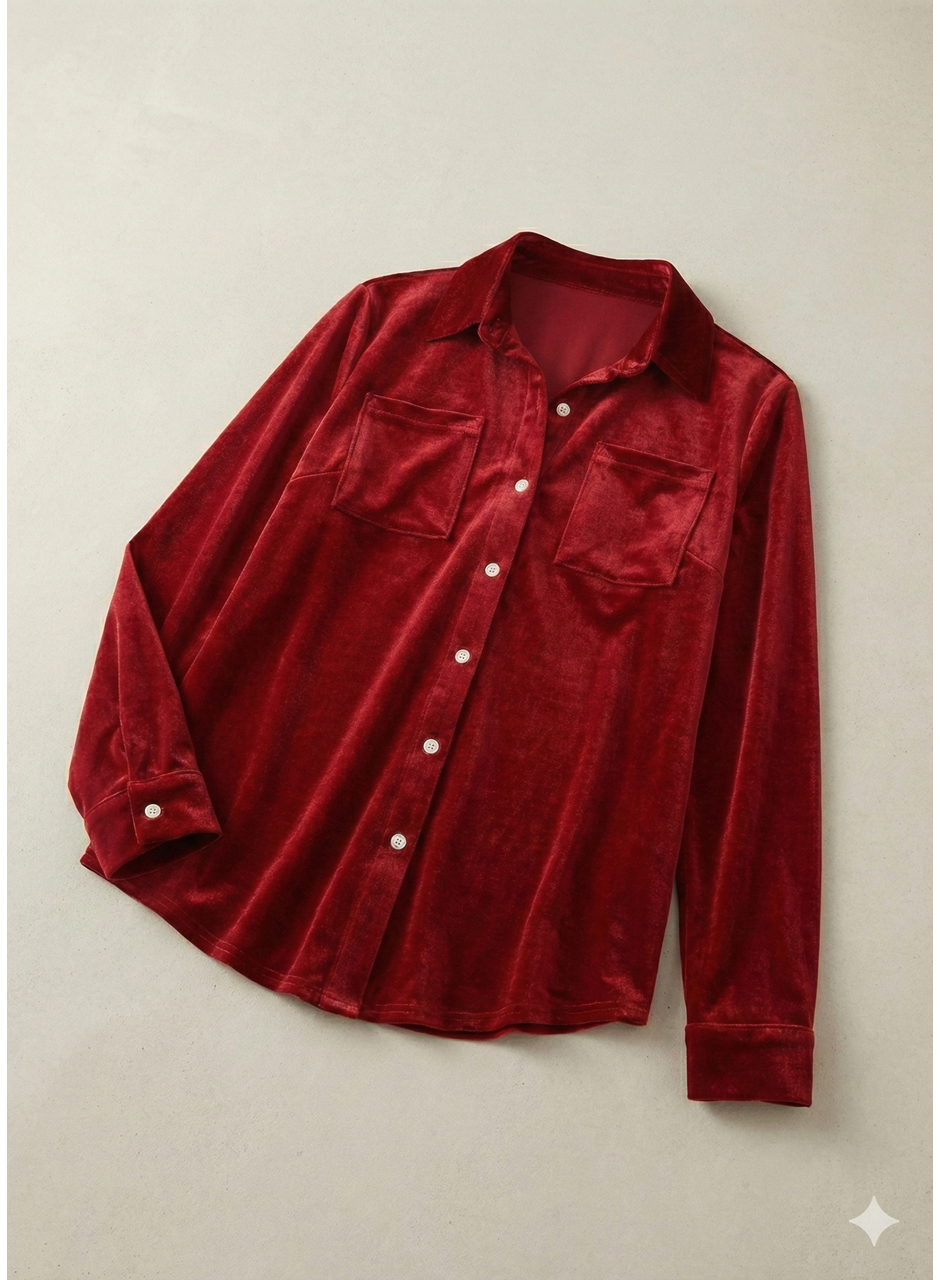 Kadın Uzun Kollu Yakalı önden Düğmeli Cep Detaylı Kadife Gömlek