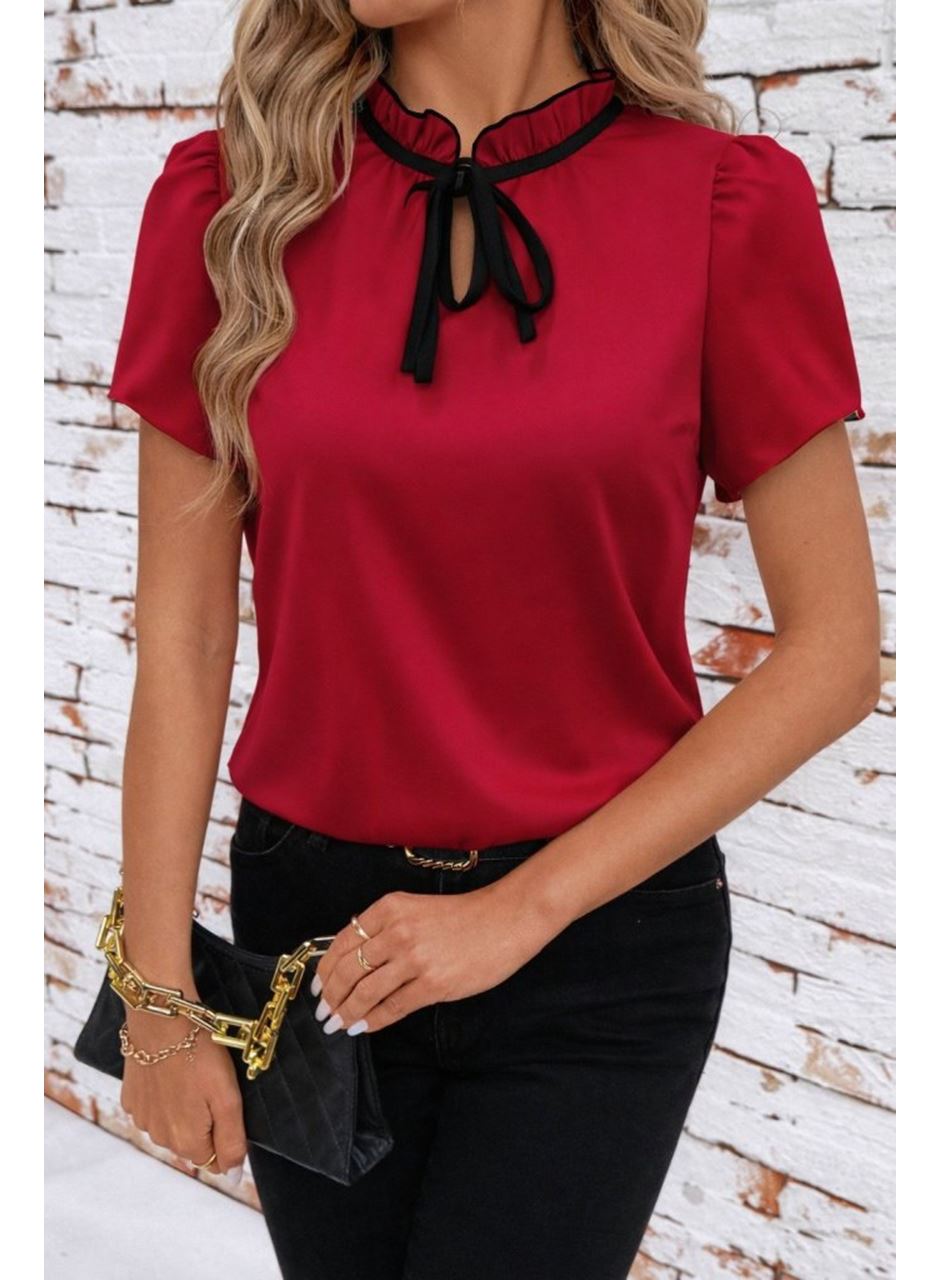 Kadın Kısa Kollu Yakası Fırfırlı Bağcıklı Janjan Krep Bluz