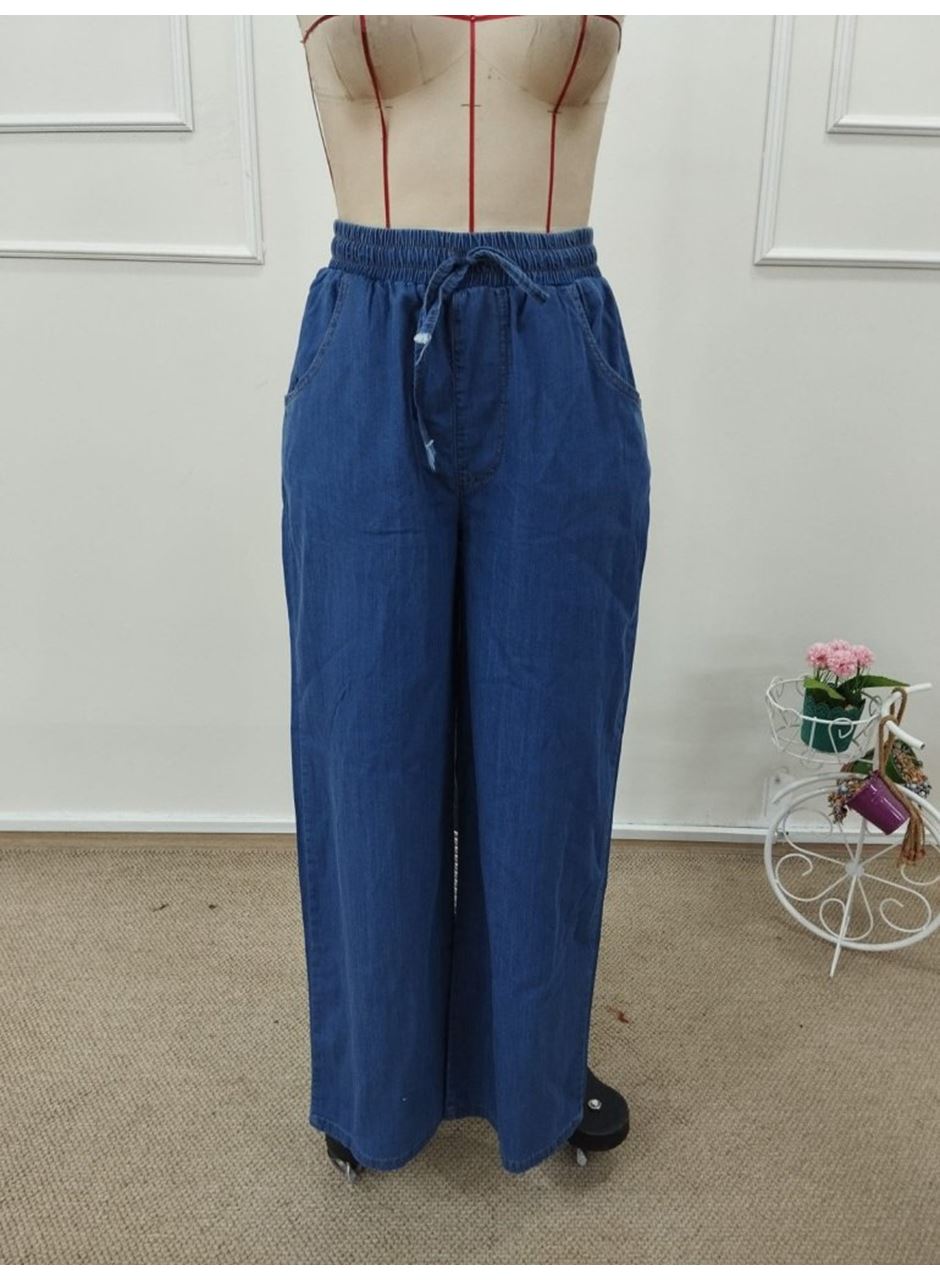 Kadın Yüksek Bel Lastikli Bağcıklı Kot Pantolon