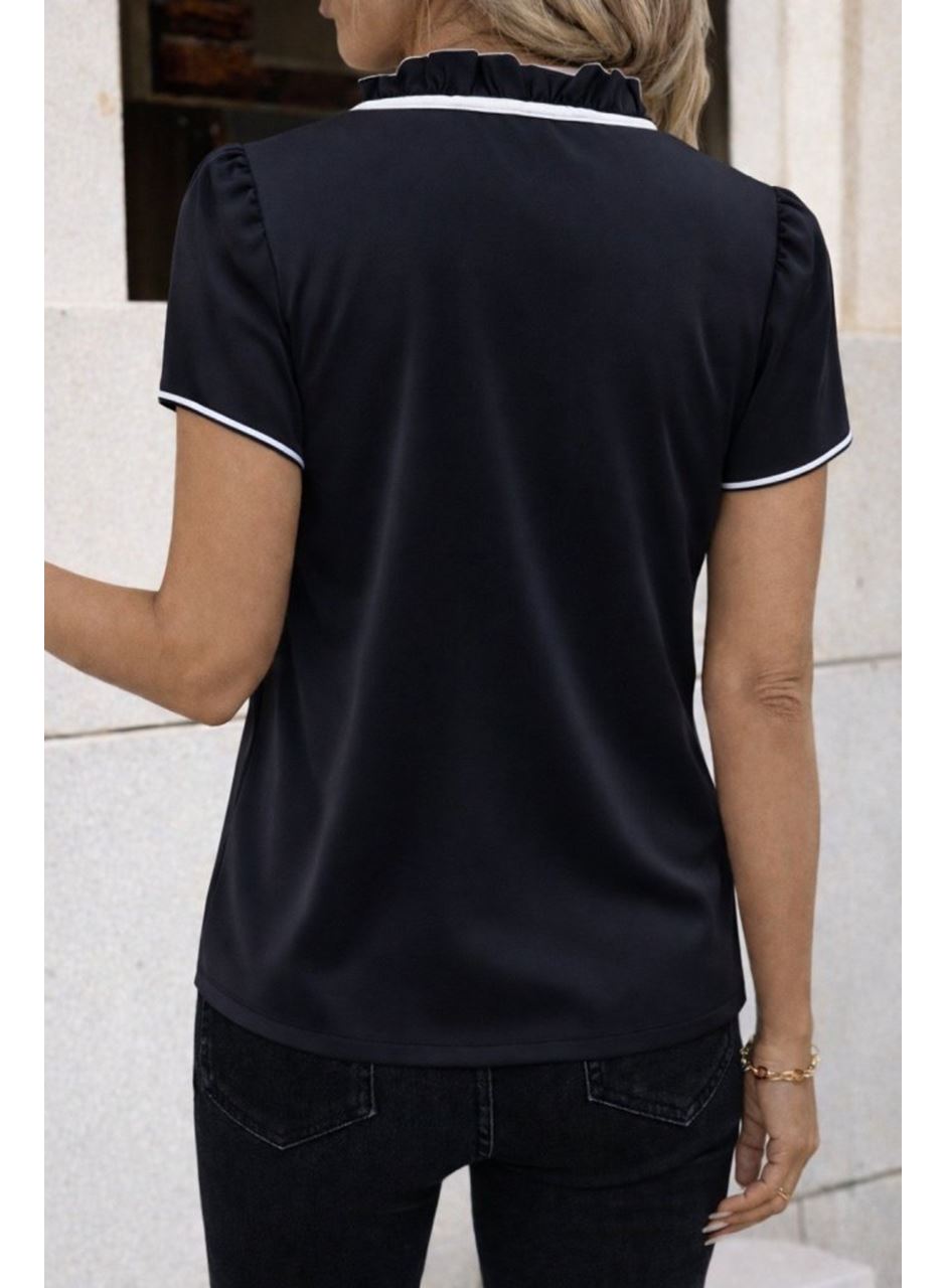 Kadın Kısa Kollu Yakası Fırfırlı Bağcıklı Janjan Krep Bluz