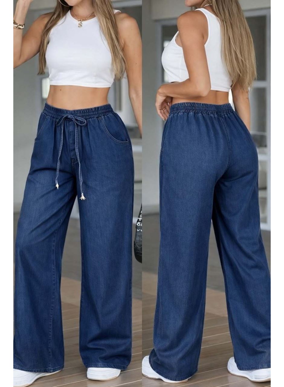 Kadın Yüksek Bel Lastikli Bağcıklı Kot Pantolon