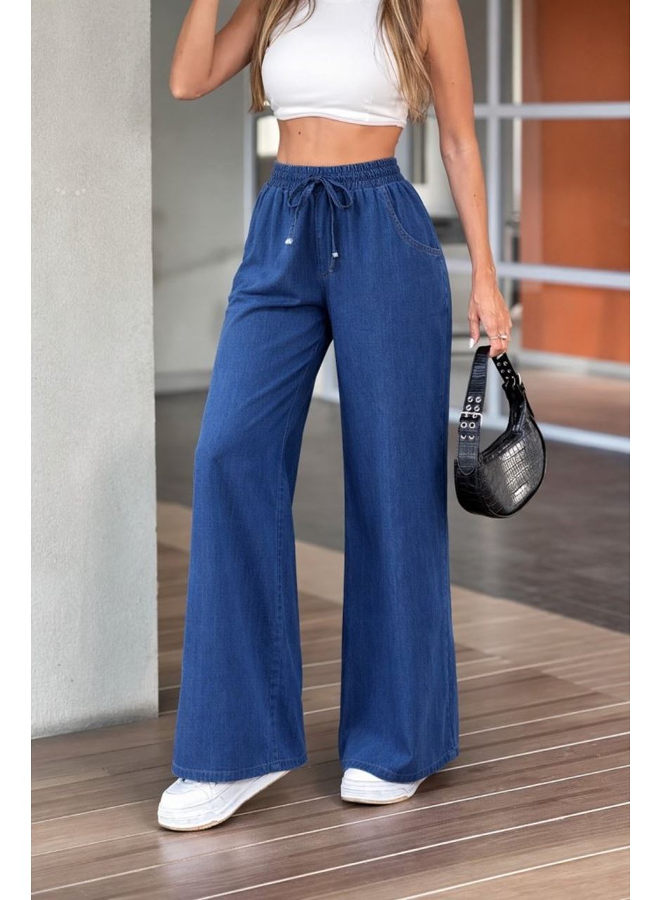 Kadın Yüksek Bel Lastikli Bağcıklı Kot Pantolon