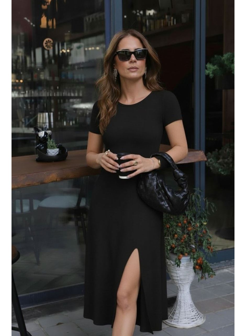 Kadın Kısa Kollu Bisiklet Yaka Derin Yırtmaç Detay Viskon Elbise