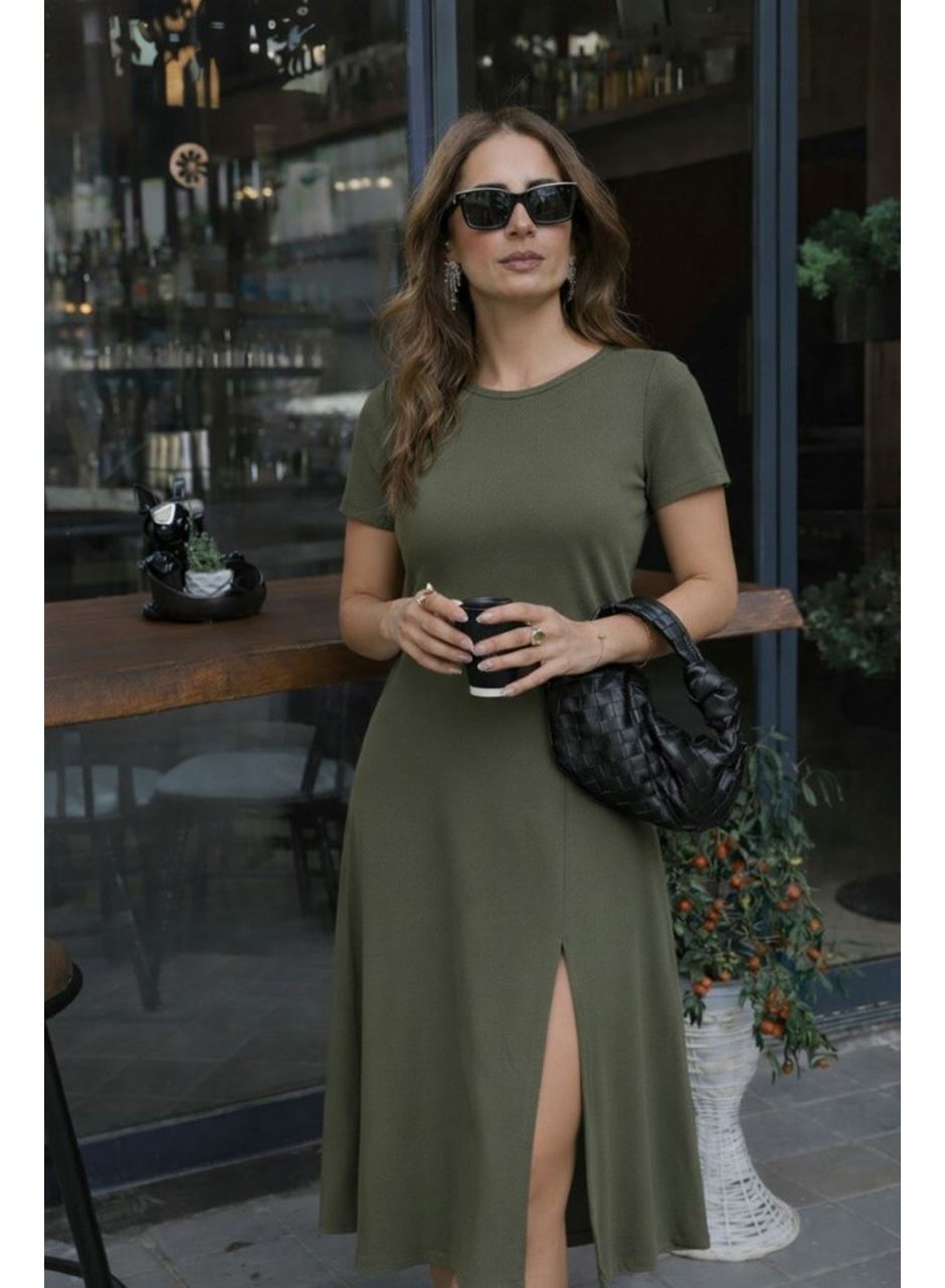 Kadın Kısa Kollu Bisiklet Yaka Derin Yırtmaç Detay Viskon Elbise