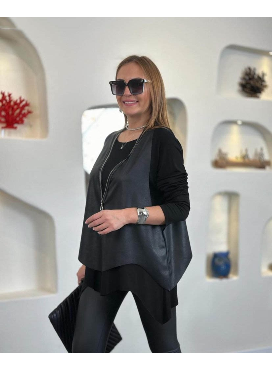 Kadın Uzun Kollu Asimetrik Kesim Viskon Bluz Ve çatlak Deri Görünümlü Yelek Ikili Takım