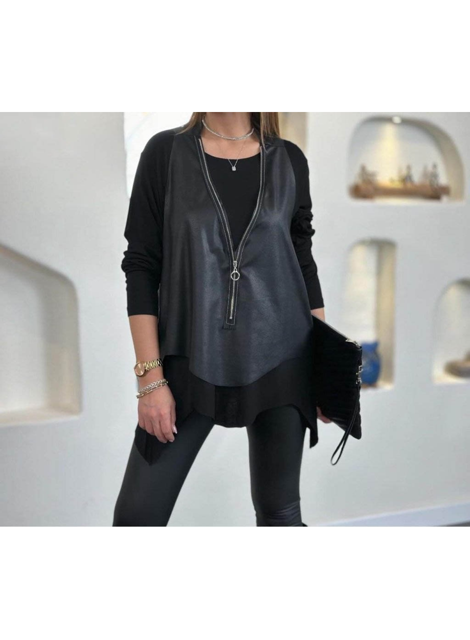 Kadın Uzun Kollu Asimetrik Kesim Viskon Bluz Ve çatlak Deri Görünümlü Yelek Ikili Takım