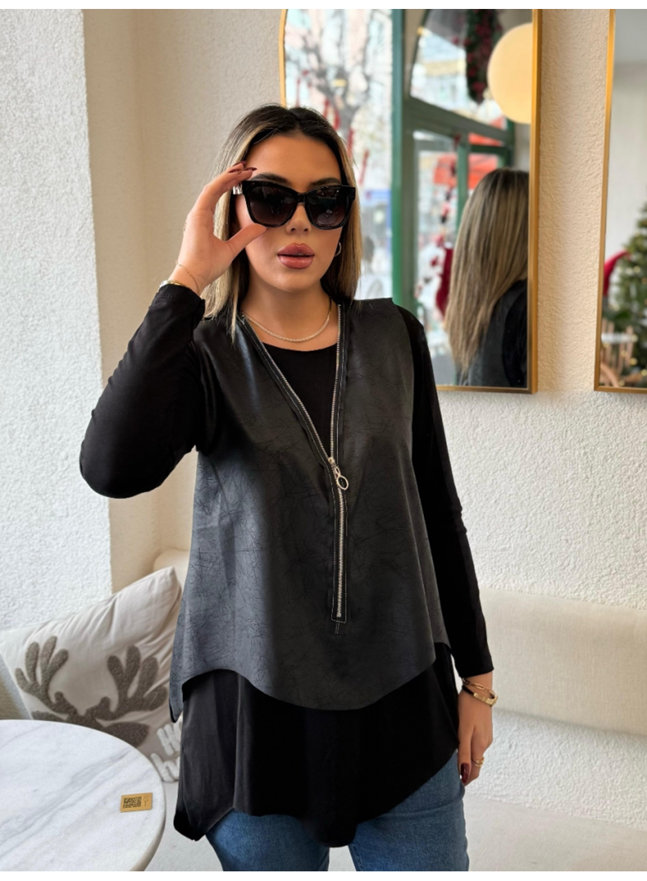 Kadın Uzun Kollu Asimetrik Kesim Viskon Bluz Ve çatlak Deri Görünümlü Yelek Ikili Takım