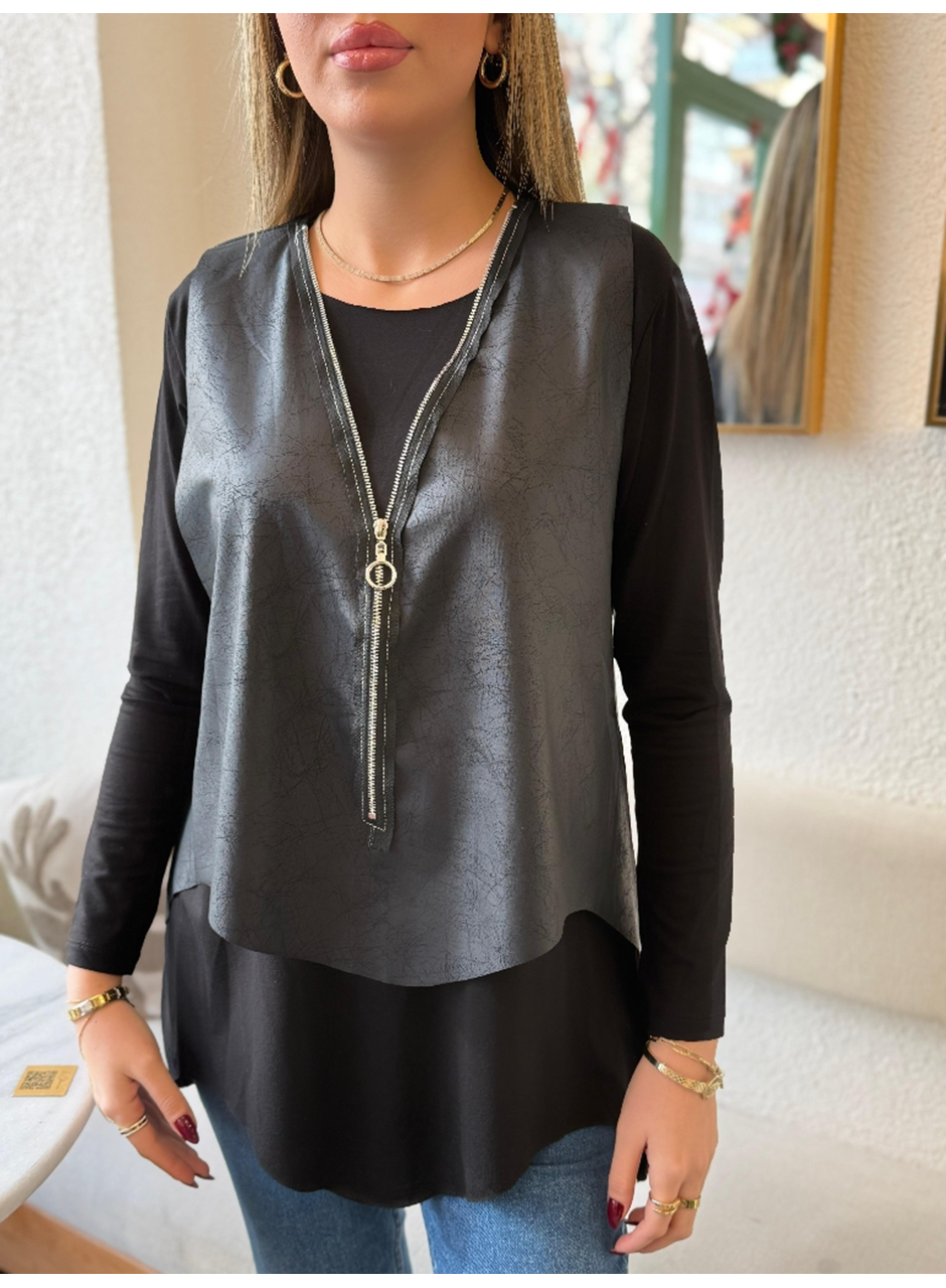 Kadın Uzun Kollu Asimetrik Kesim Viskon Bluz Ve çatlak Deri Görünümlü Yelek Ikili Takım