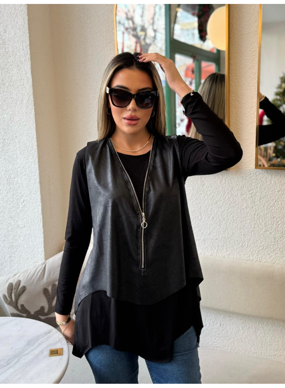 Kadın Uzun Kollu Asimetrik Kesim Viskon Bluz Ve çatlak Deri Görünümlü Yelek Ikili Takım