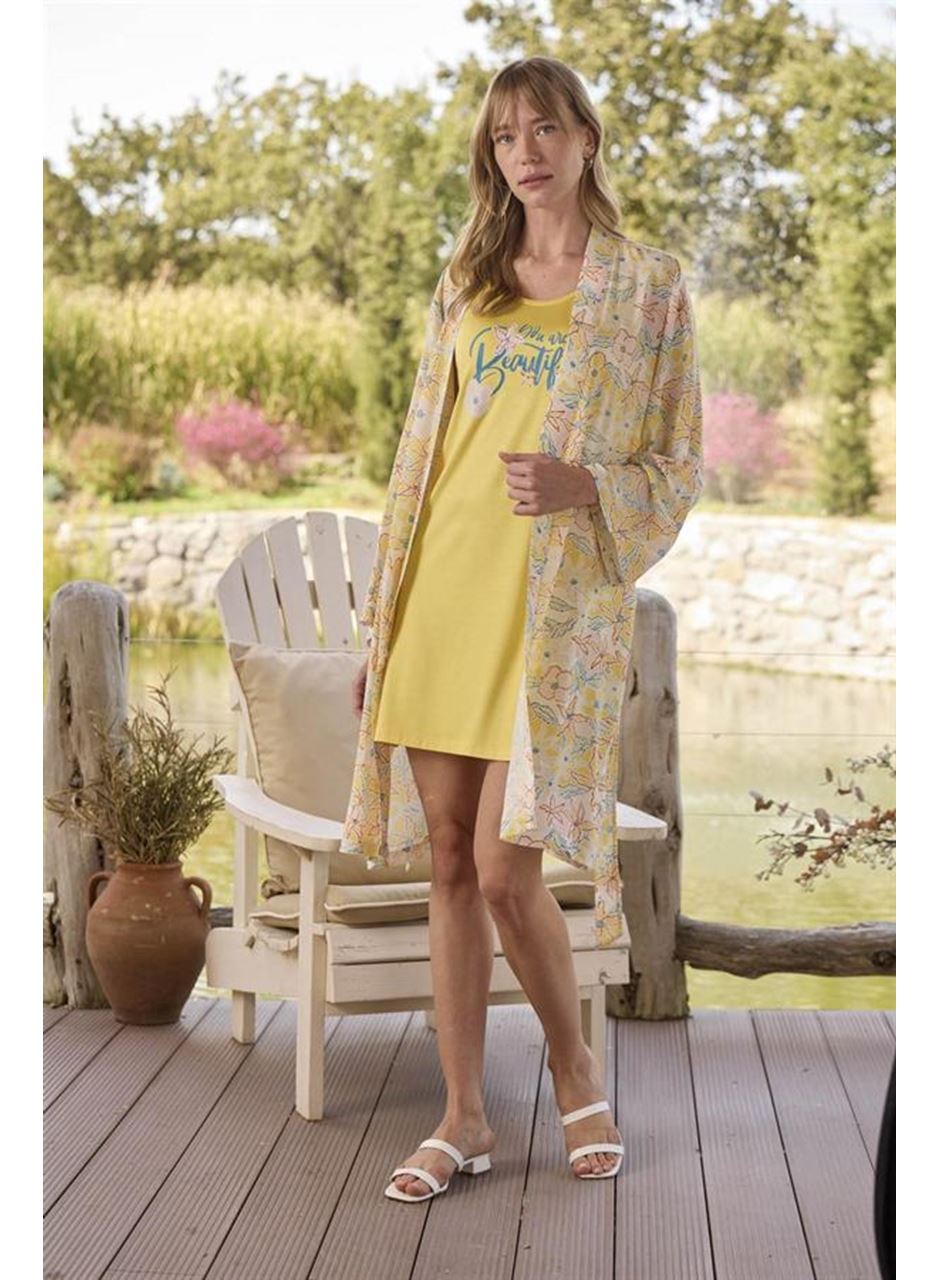 Çiçek ve Yaprak Desenli ve Baskılı "You Are Beautiful" Sabahlık Takımı