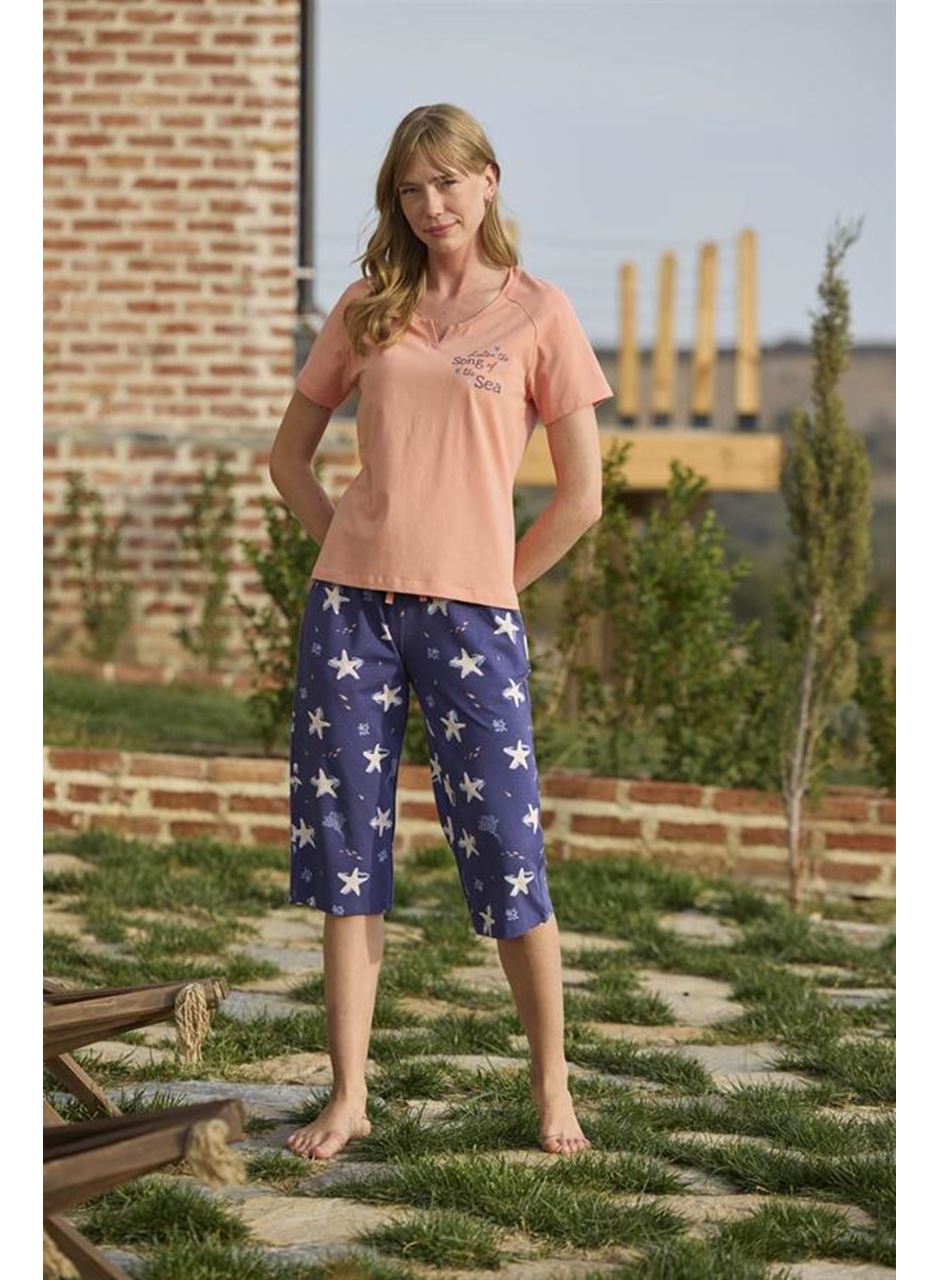 Deniz Yıldızı Desenli ve Baskılı Önü Düğmeli "Listen the Song of the Sea" Kapri Takımı