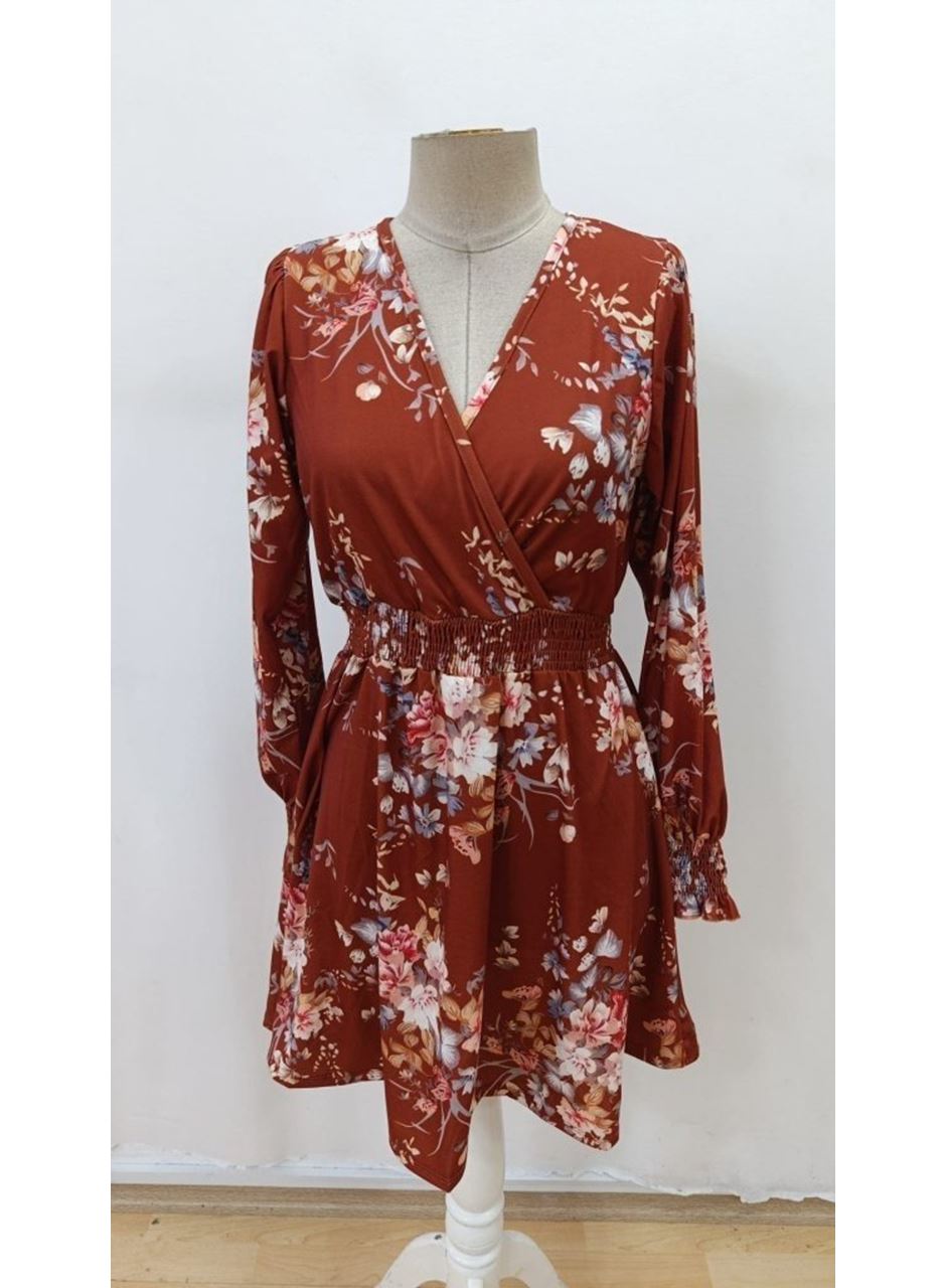 Kadın Uzun Kollu Kruvaze Yakalı çiçek Desenli Mini Süprem Elbise