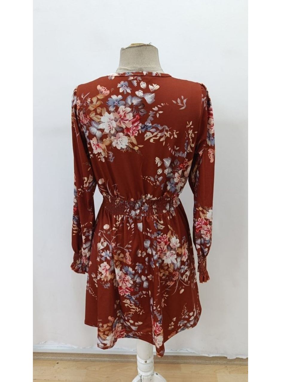 Kadın Uzun Kollu Kruvaze Yakalı çiçek Desenli Mini Süprem Elbise