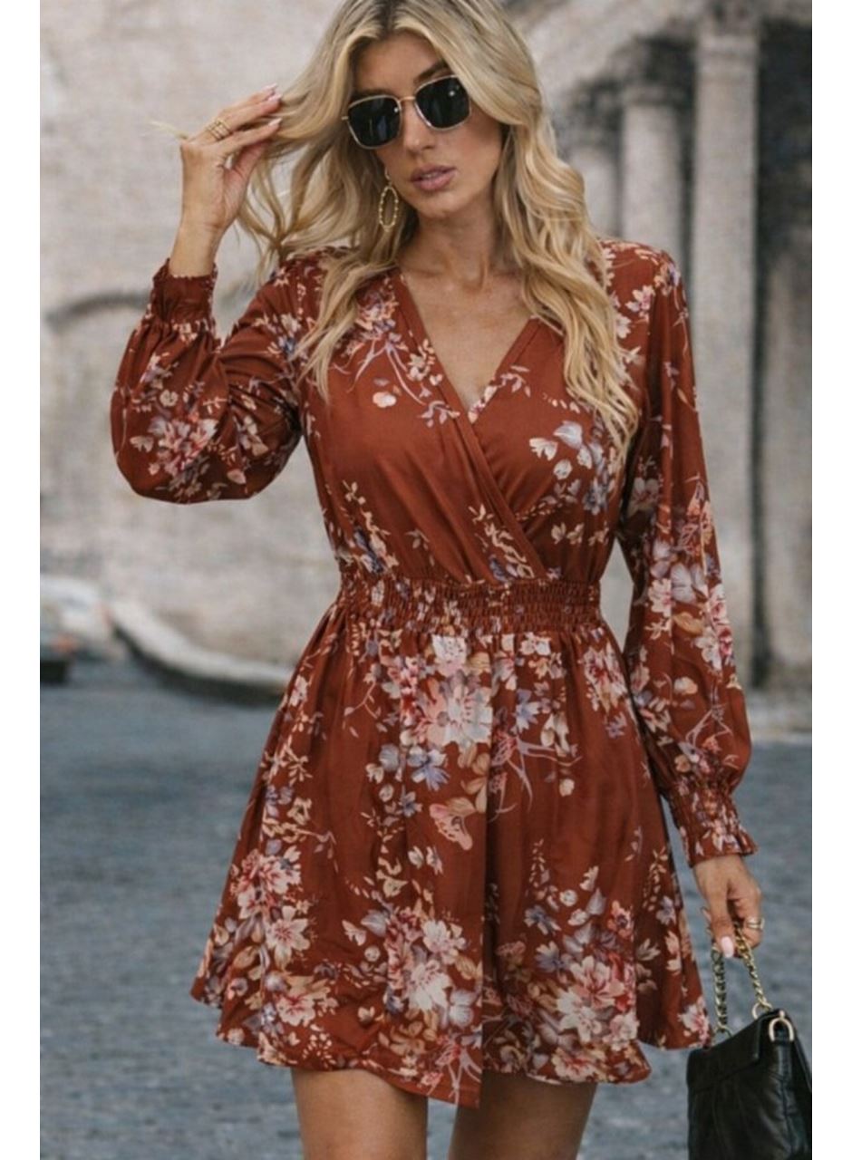 Kadın Uzun Kollu Kruvaze Yakalı çiçek Desenli Mini Süprem Elbise