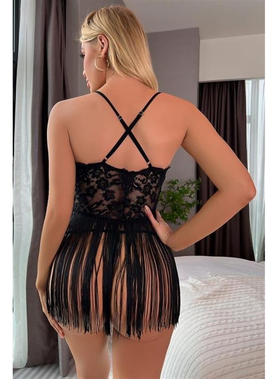 Siyah Püsküllü Dantel Detaylı Fantezi Gecelik