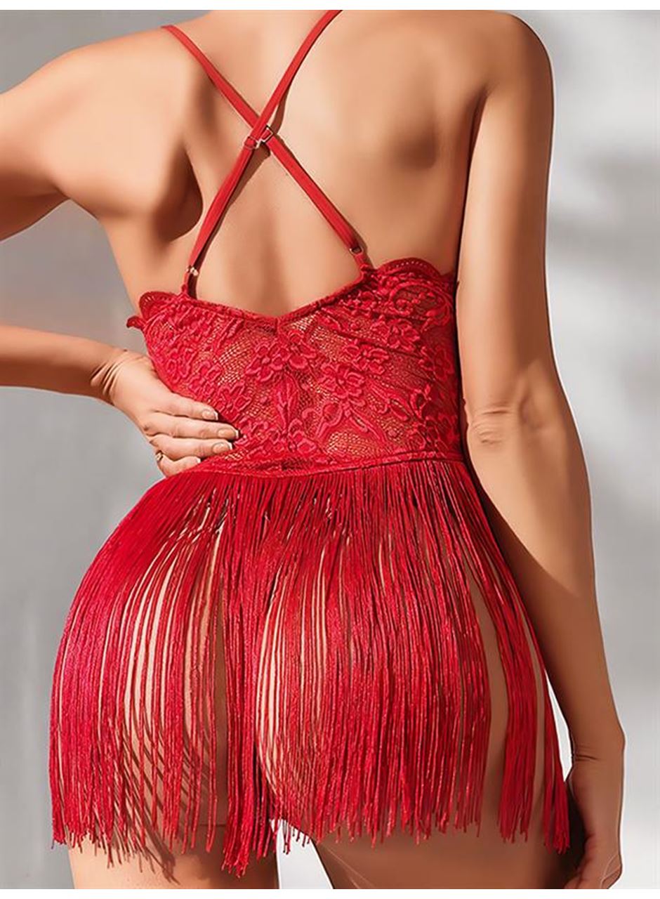 Kırmızı Püsküllü Dantel Detaylı Fantezi Gecelik