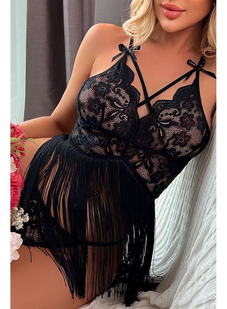 Siyah Püsküllü Dantel Detaylı Fantezi Gecelik