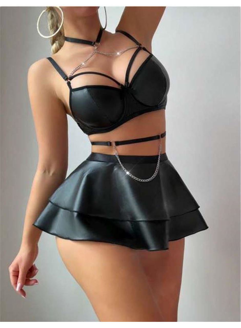 Özel Şık Tasarım Siyah Etekli Pileli Zincir Detay Fantezi Deri Elbise