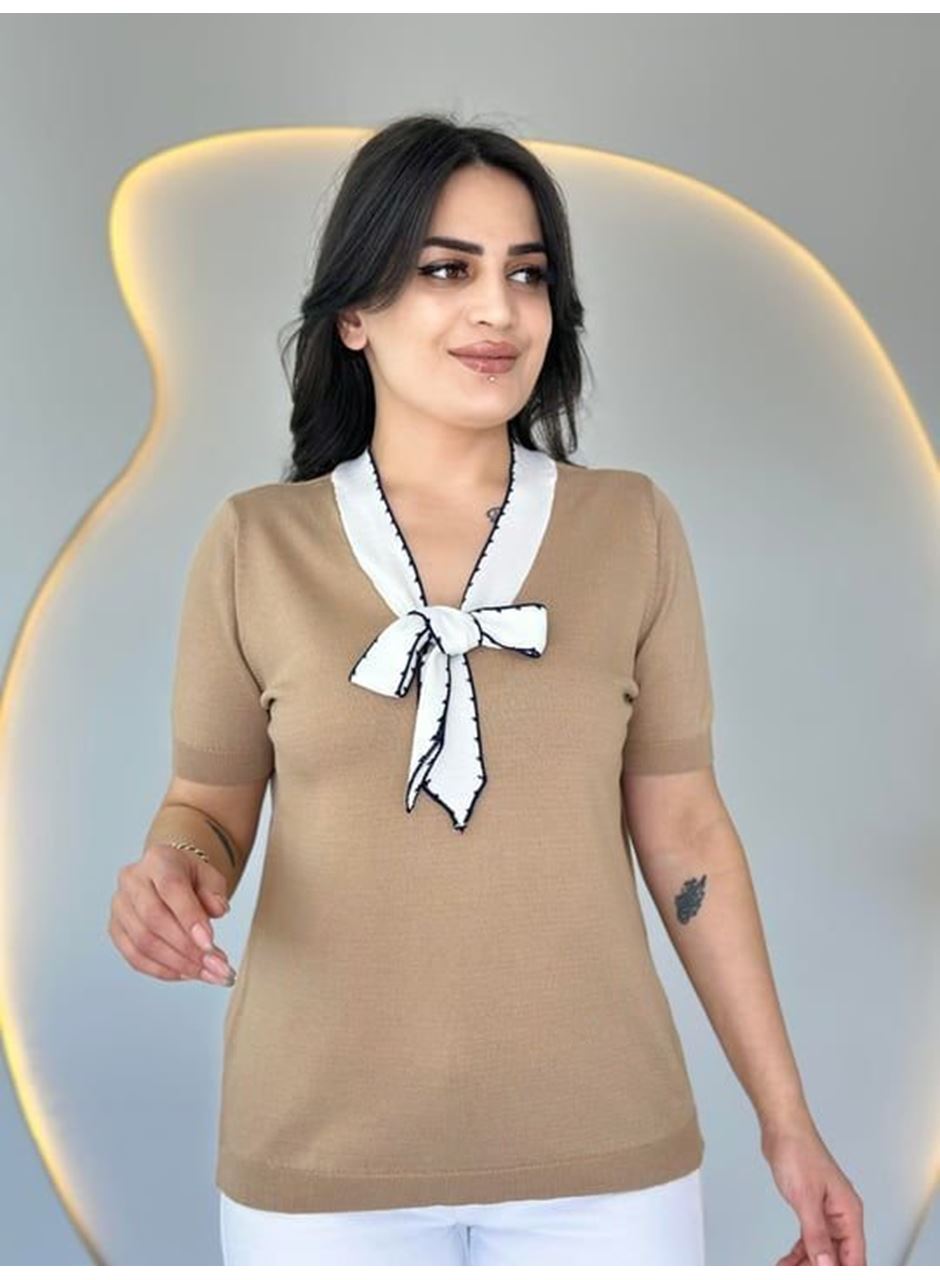 Kadın Kısa Kollu V Yaka Fular Detay Merserize Triko Bbluz