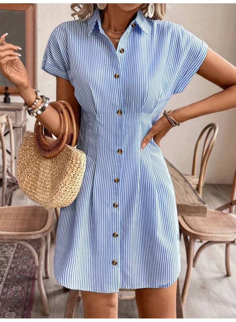 Kadın Kısa Kollu Yakalı önden Düğmeli Kısa Trikoton Elbise