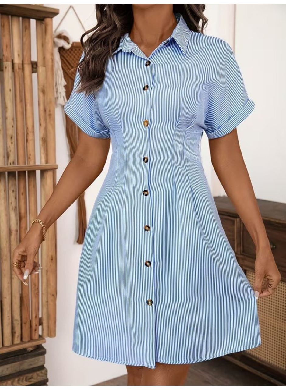 Kadın Kısa Kollu Yakalı önden Düğmeli Kısa Trikoton Elbise