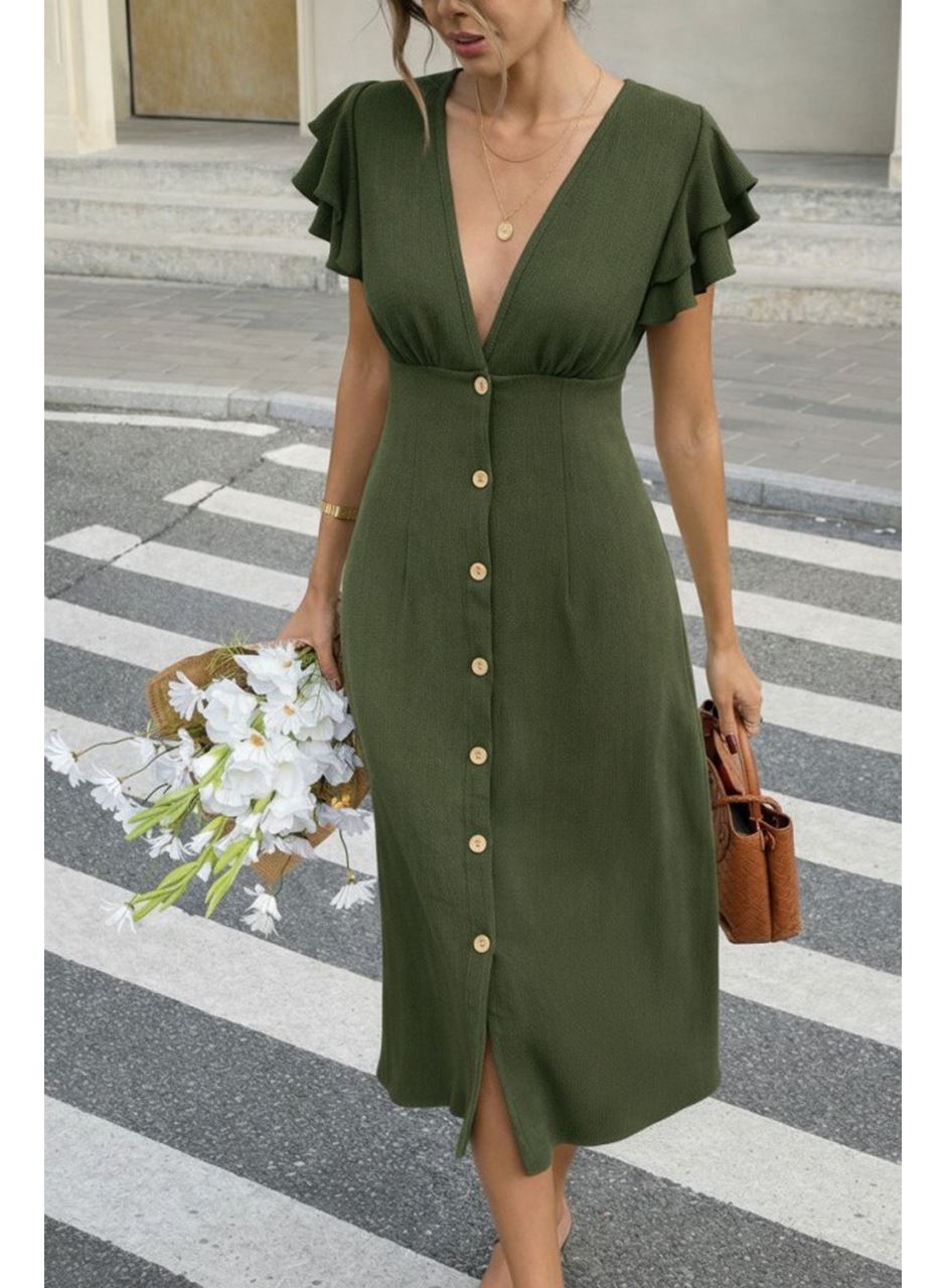 Kadın Kısa Kollu V Yakalı önden Düğmeli Bürümcük Midi Elbise
