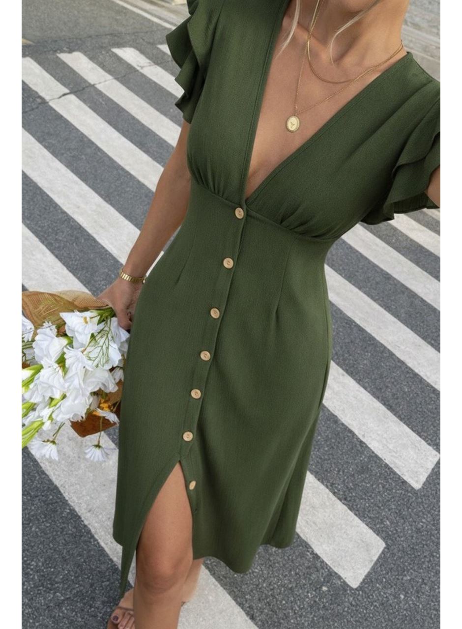 Kadın Kısa Kollu V Yakalı önden Düğmeli Bürümcük Midi Elbise